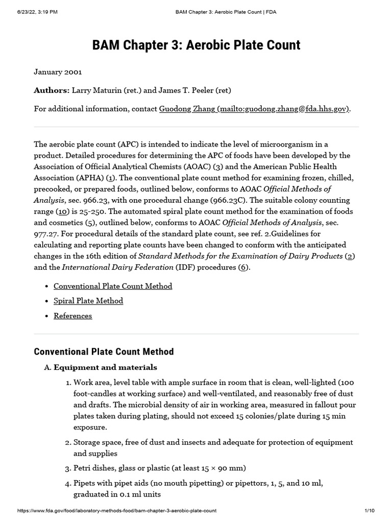 FDA BAM Chapter 3: Aerobic Plate Count | PDF | Colony Forming Unit | Agar