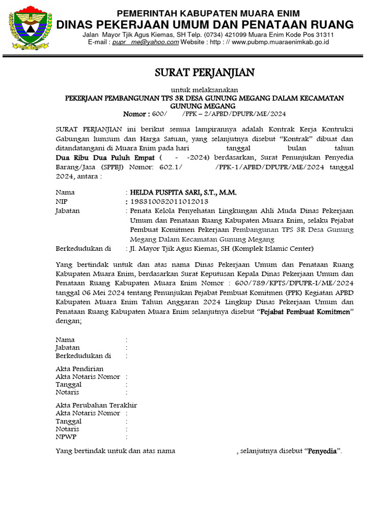 Kontrak Pembangunan TPS 3R Desa Gunung Megang | PDF