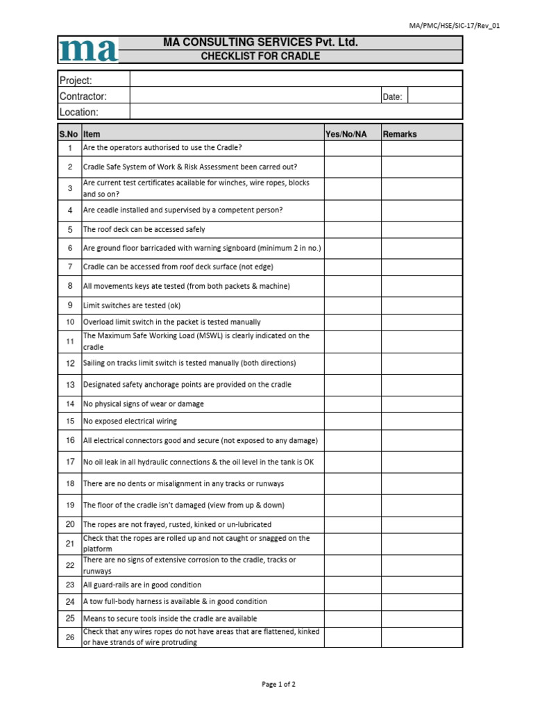 Cradle Safety Inspection Checklist | PDF | Rope | Manufactured Goods