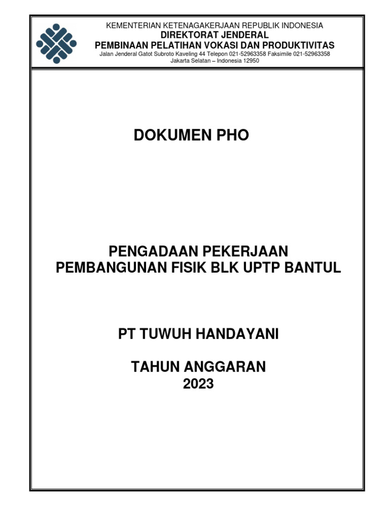 PHO Pembangunan BLK UPTP Bantul 2023 | PDF