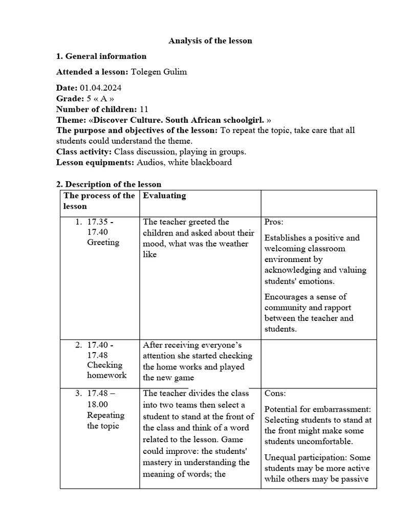 Lesson Analysis: Engaging Teaching Methods | PDF | Teachers | Homework
