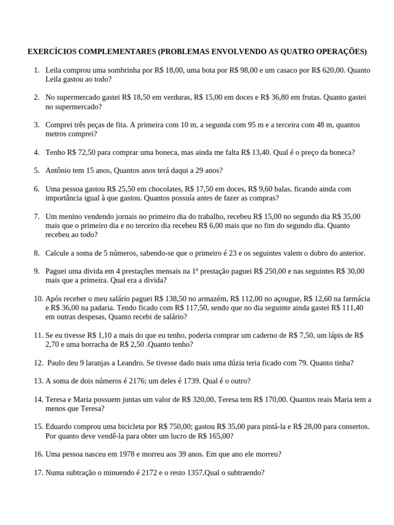 Problemas de Quatro Operações para 4º Ano | PDF | Aritmética ...