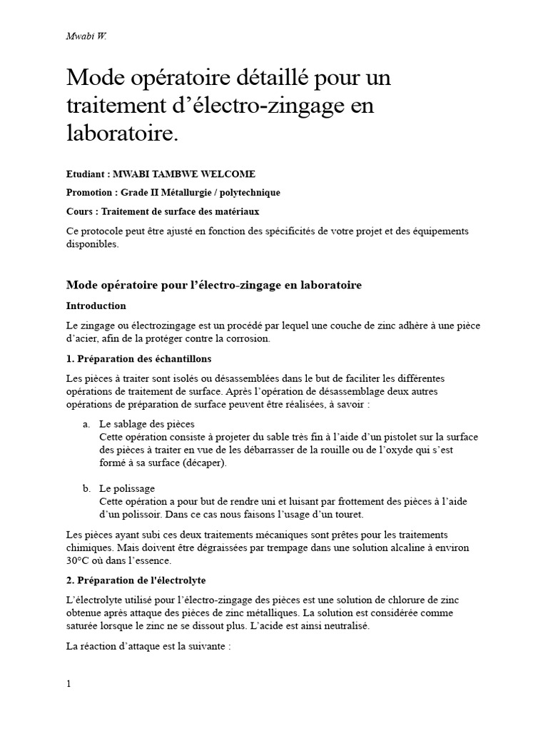 Mode opératoire d'électrozingage PDF Zinc Zingage — free download