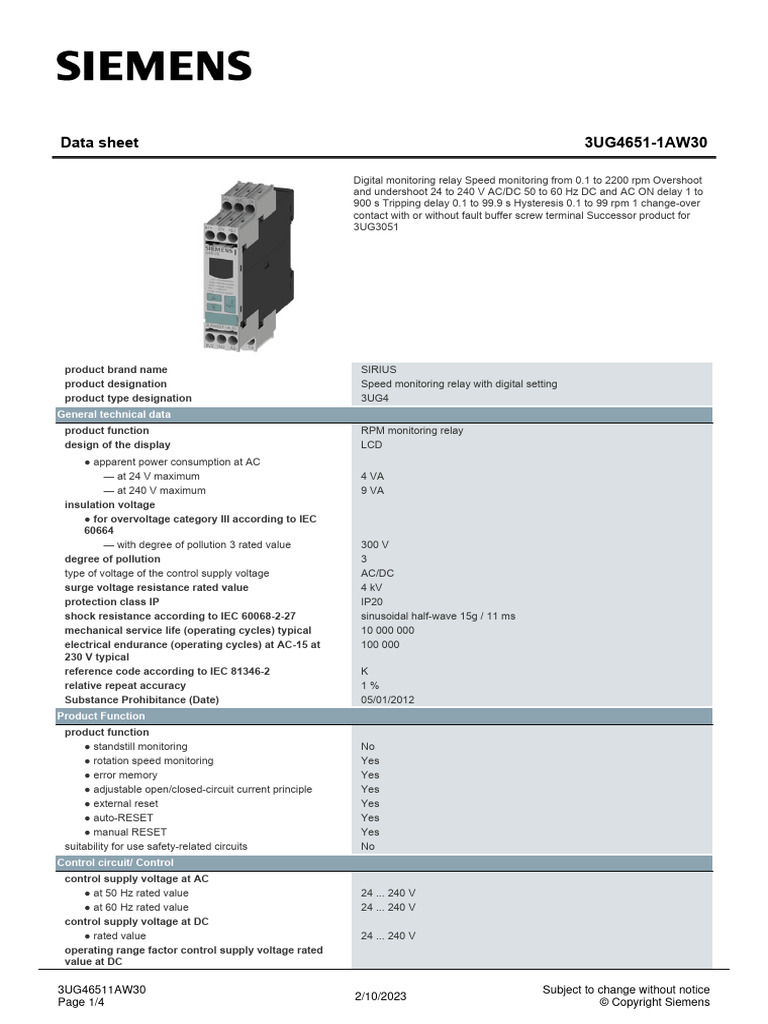 3UG46511AW30 Datasheet en | PDF | Relay | Alternating Current