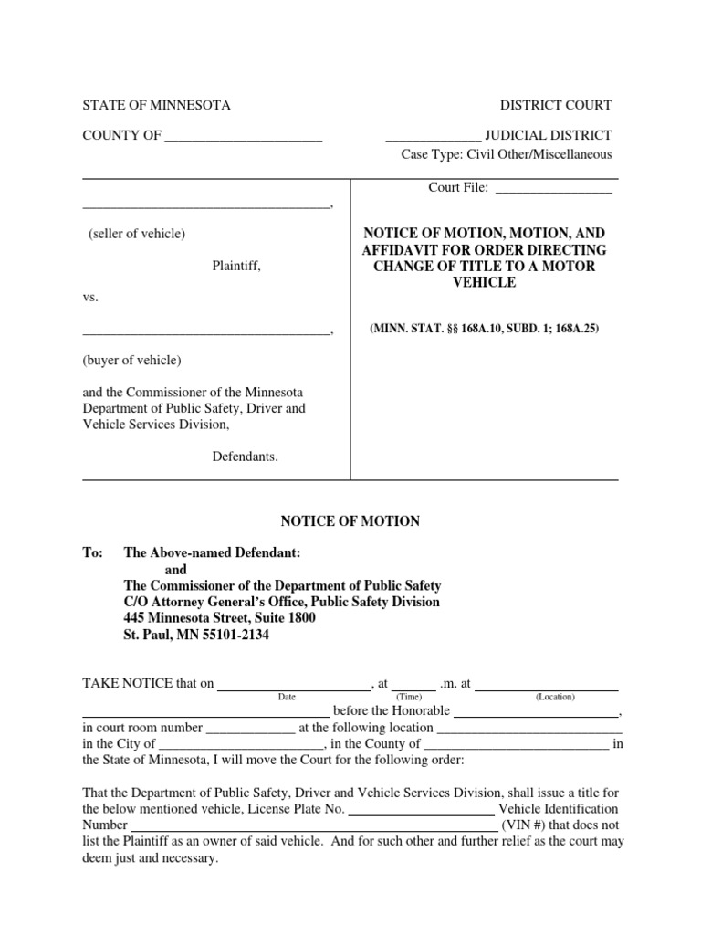 Sellers Motion For Change of Title To Vehicle | PDF | Affidavit | Mail