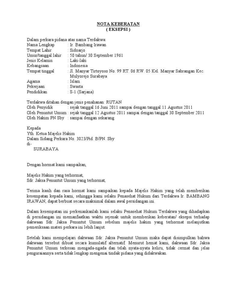 Contoh Surat Dakwaan Tunggal Beserta Eksepsinya