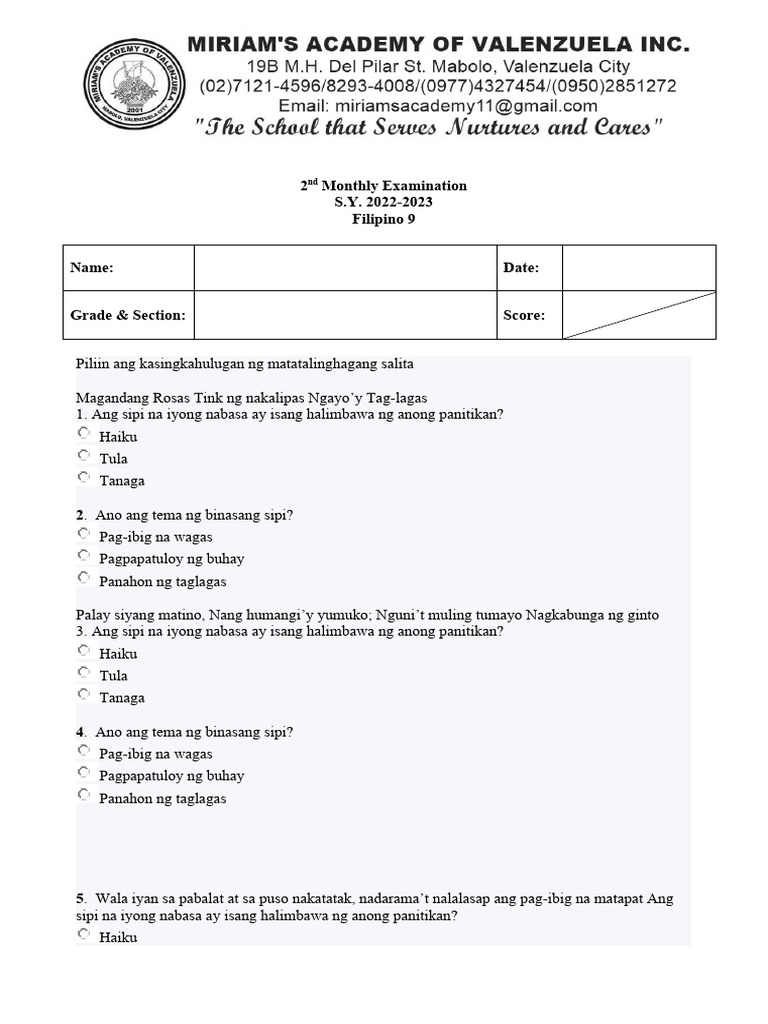 2ND Monthly Exam Filipino 9 | PDF