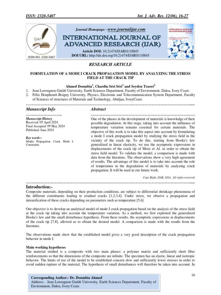 Formulation of A Mode I Crack Propagation Model by Analyzing The Stress ...