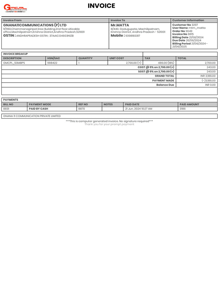 Gnana11communications p ltd gstin mr matta mobile thank you for