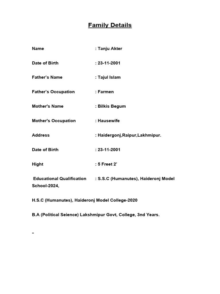 family-details-tanju-akter-pdf
