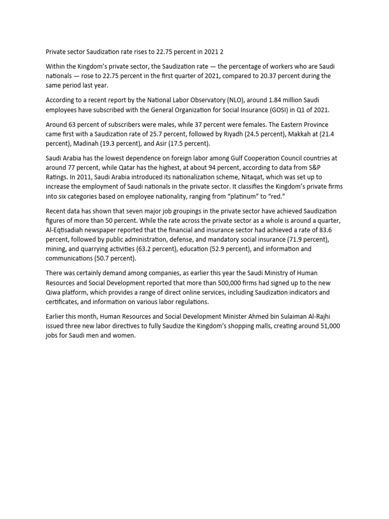 Private Sector Saudization Rate Rises To 22 | PDF | Finance & Money ...