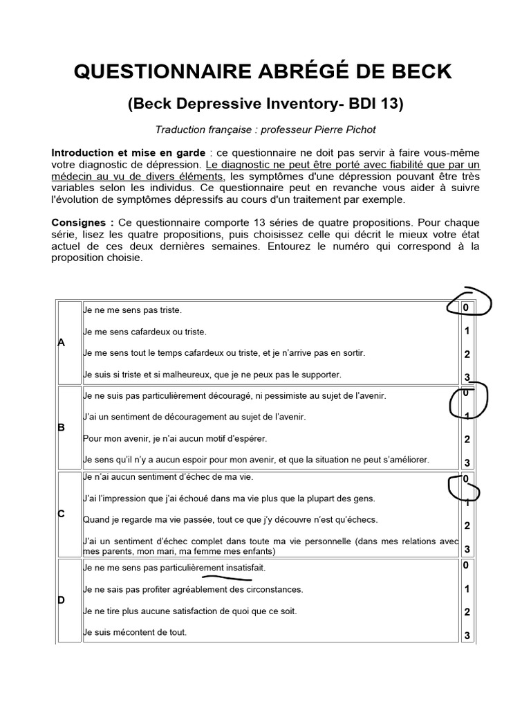Questionnaire abrégé de dépression Beck | PDF | Dépression (psychiatrie)