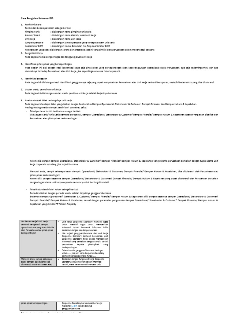 Panduan Pengisian Kuisoner BIA | PDF