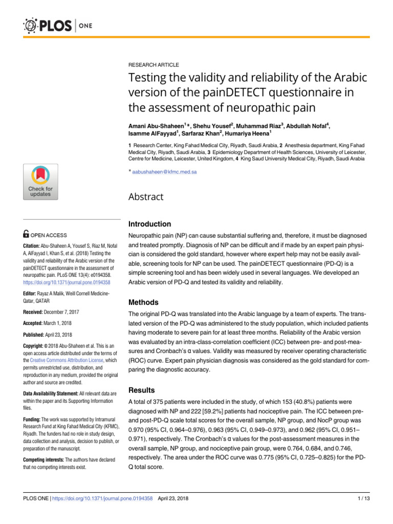 Journal Pone 0194358 | PDF | Pain | Receiver Operating Characteristic