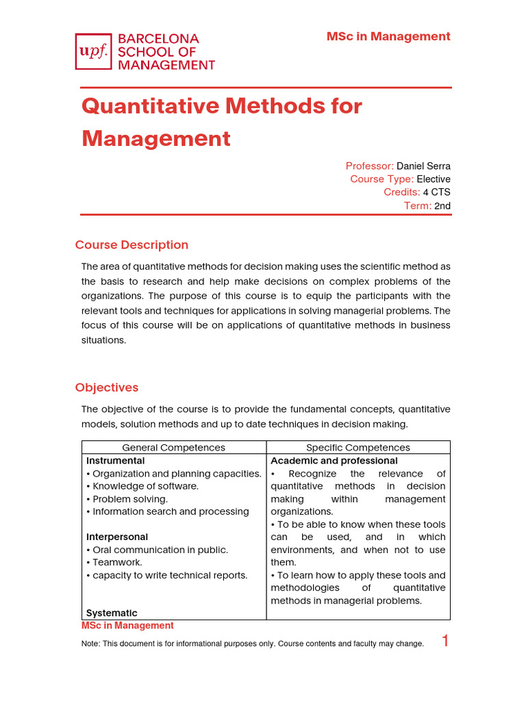 Quantitative Methods for Management Course | PDF | Decision Making ...