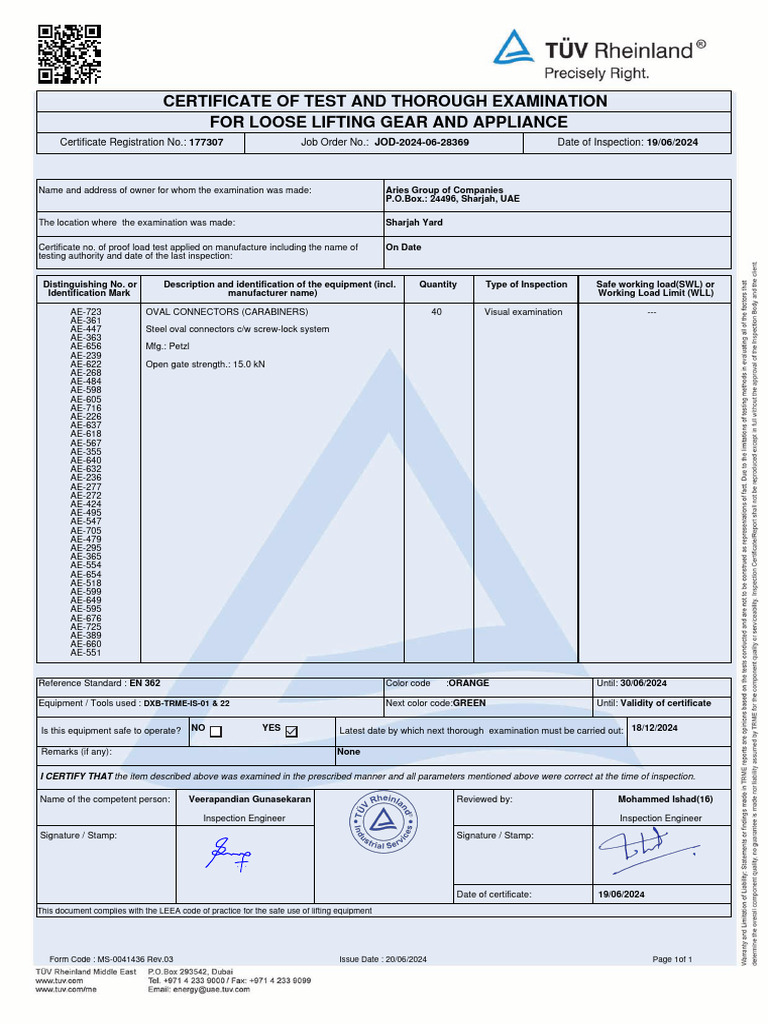 Lifting Gear Inspection Certificate 2024 | PDF