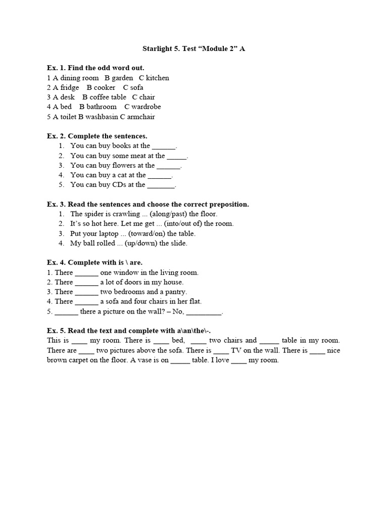 Starlight 5 Module 2 Test Exercises | PDF | Chair | Bedroom