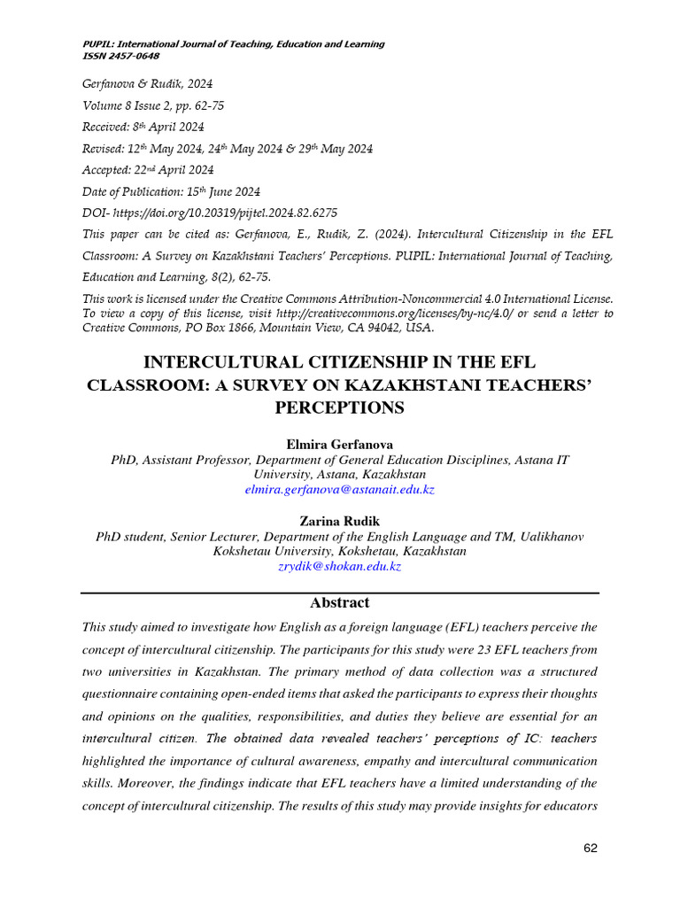 Kazakh EFL Teachers' Views on Intercultural Citizenship | PDF | Cross ...