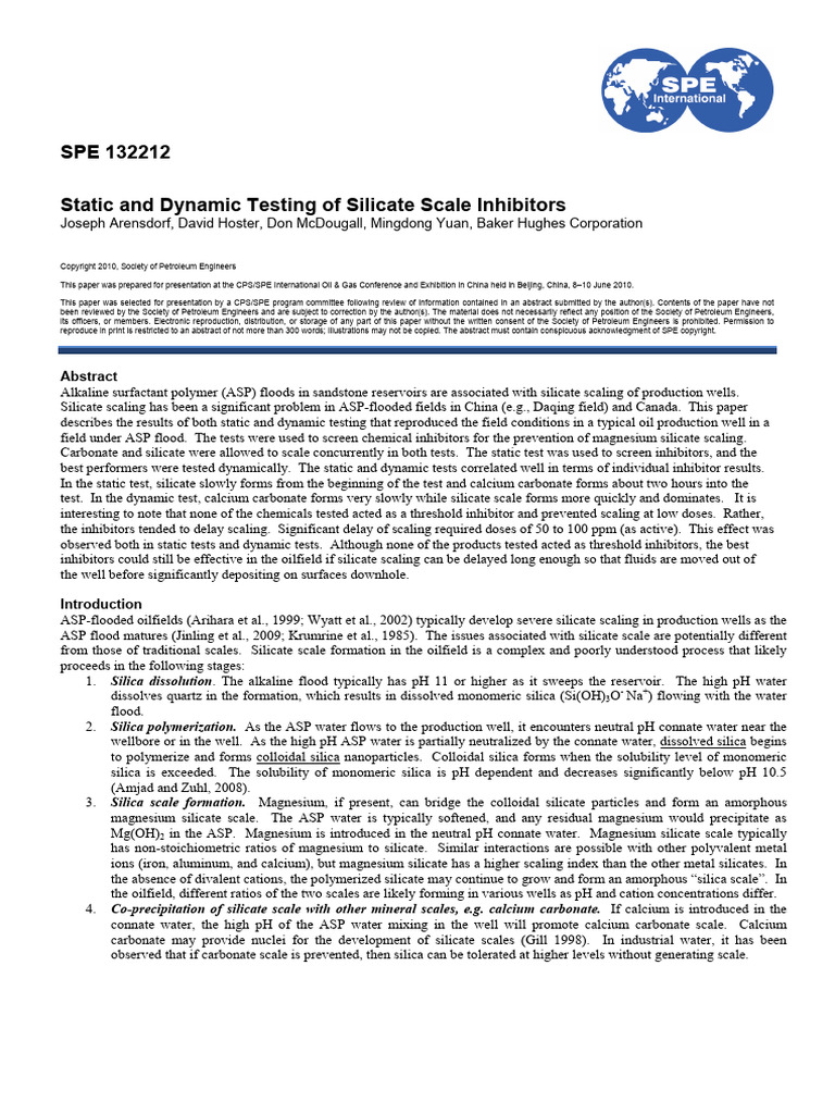 SPE 132212 Static and Dynamic Testing of Silicate Scale Inhibitors ...