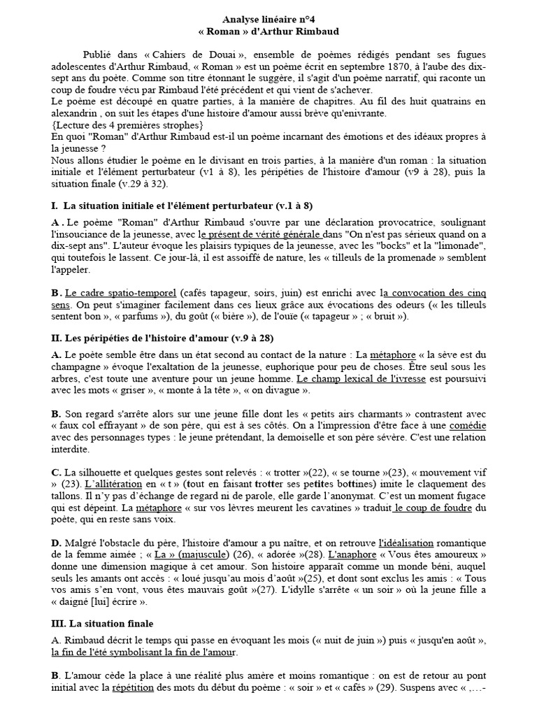 Analyse Linéaire n4 Roman | PDF | Arthur Rimbaud | Amour