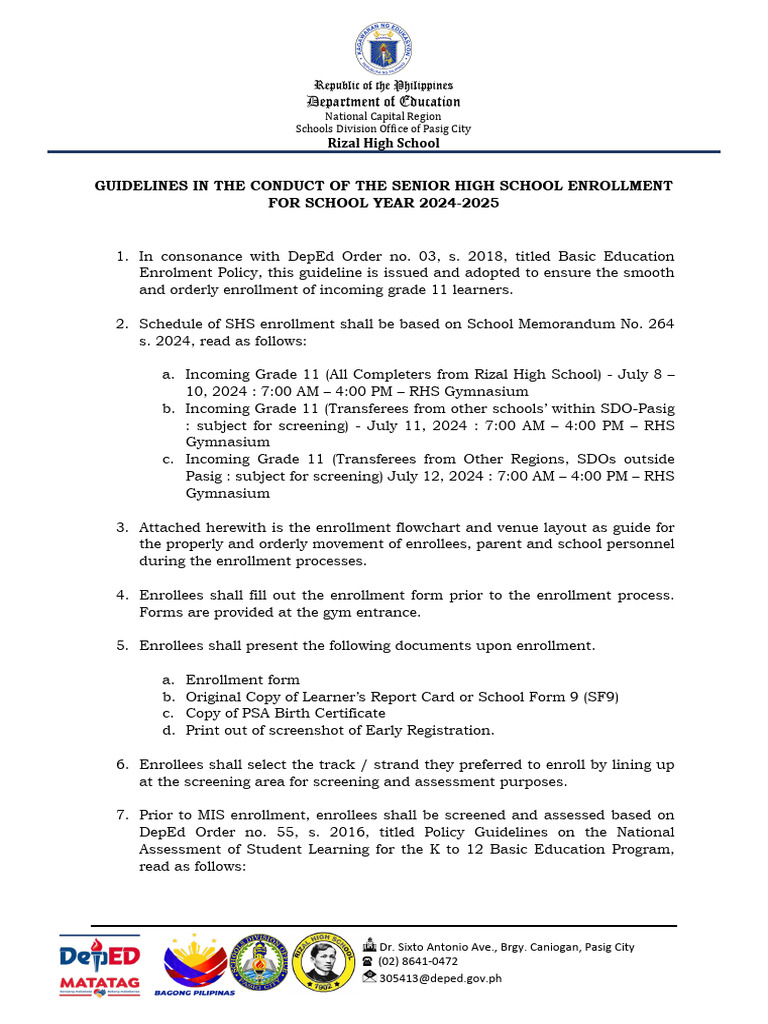 Senior High School Enrollment Guidelines 2024 | PDF | Wellness