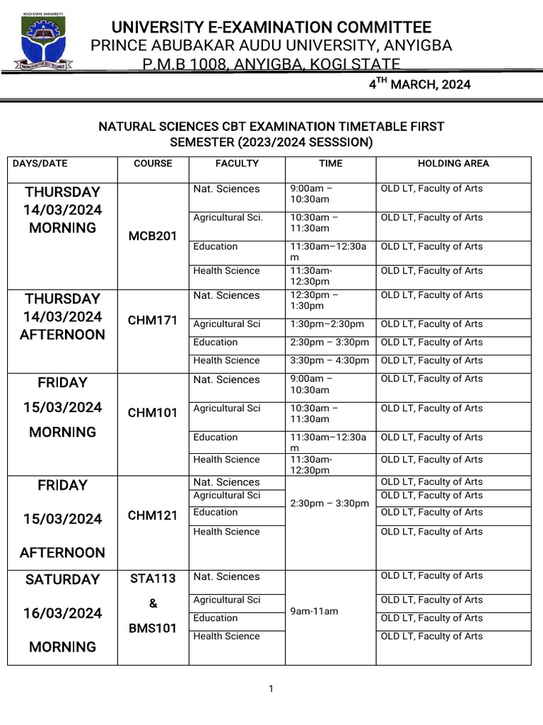 Natural Sciences Exam Timetable 2024 | PDF