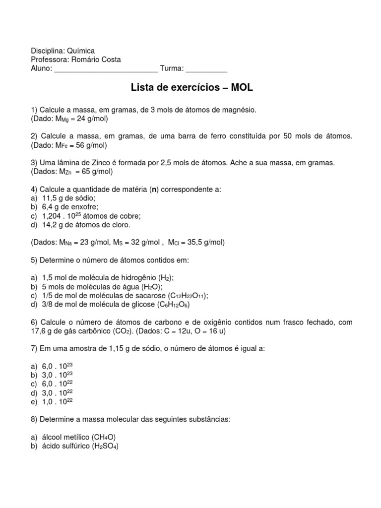 Lista de Exercícios sobre Mol e Massas Molares | PDF | Mol (unidade ...