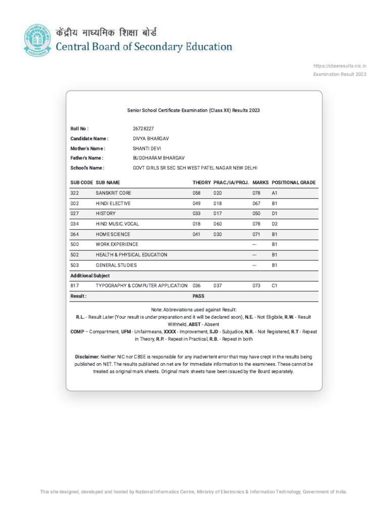 CBSE Class 12 Results 2023 Download | PDF | Government Of India ...