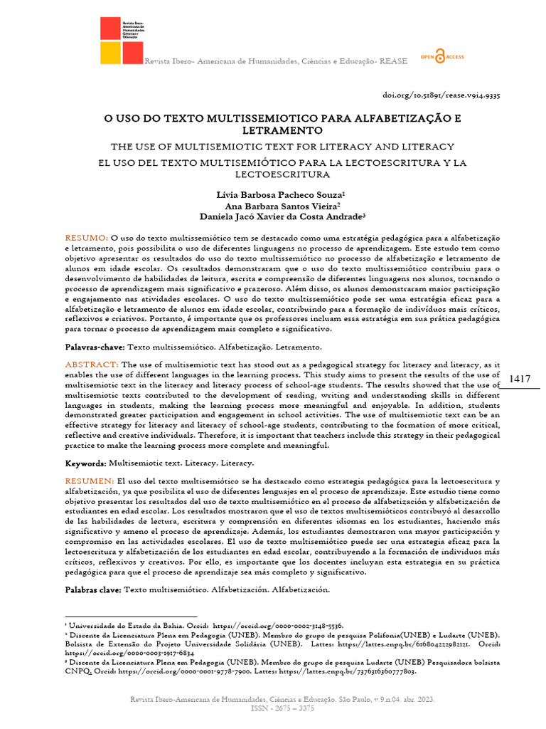 Texto Multissemiótico na Alfabetização | PDF | Alfabetização | Aprendizado