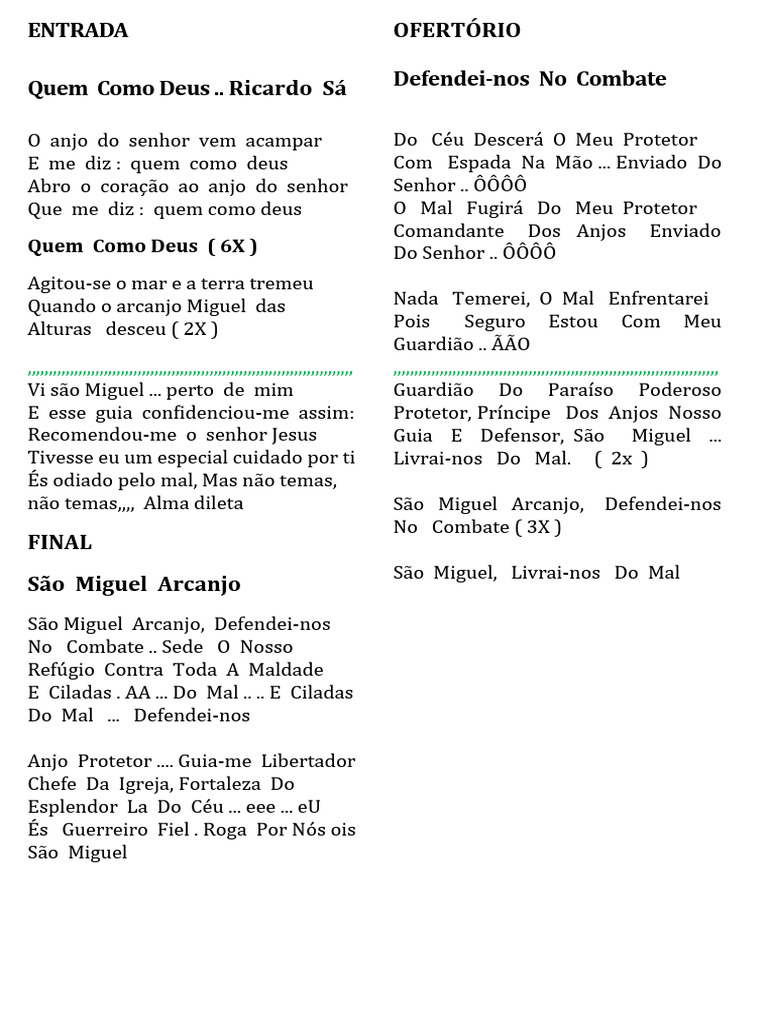 Letra Das Musicas de São Miguel | PDF | Miguel (Arcanjo) | Teologia
