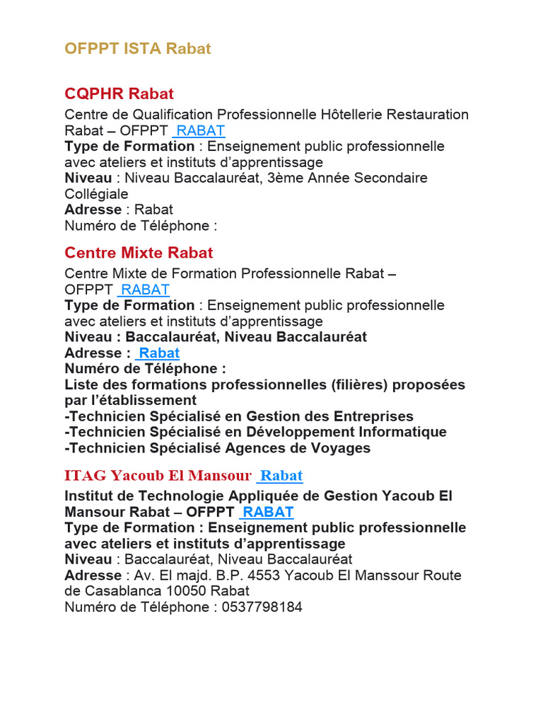 Formations OFPPT et ISTA à Rabat | PDF | Niveaux d'enseignement