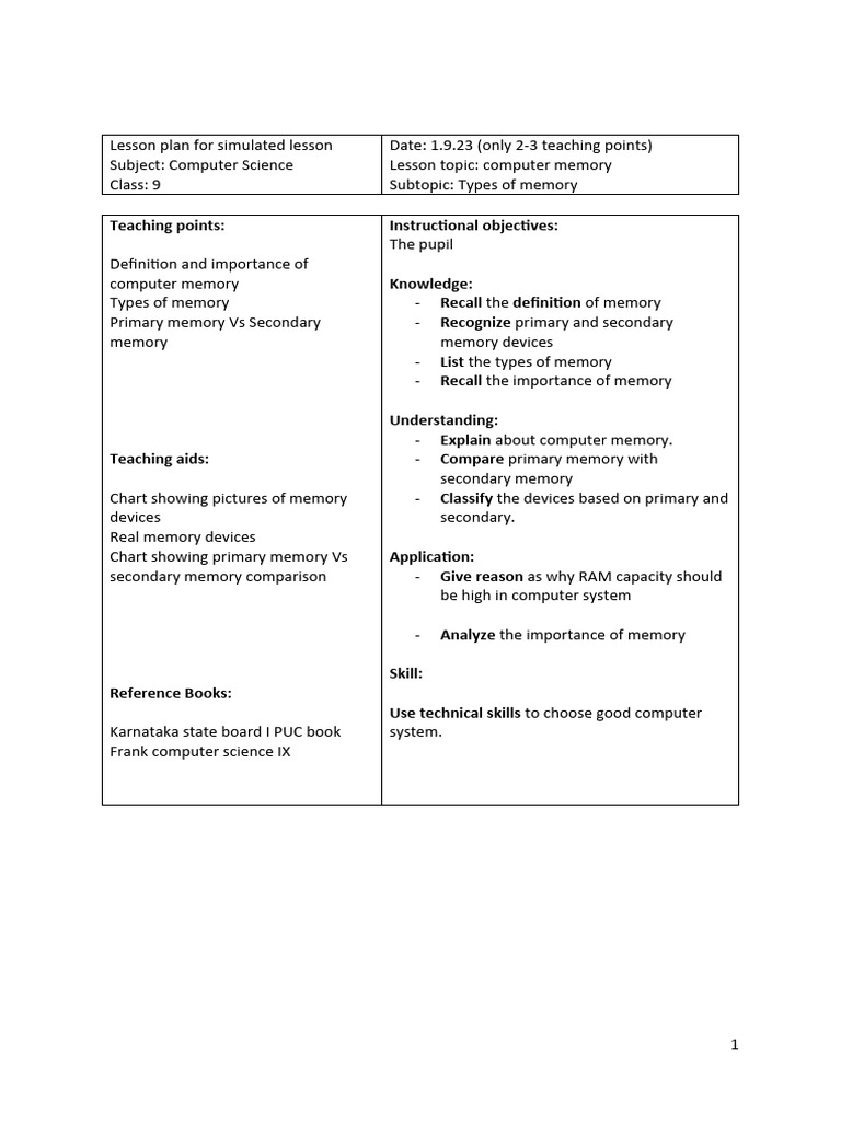 Lesson Plan - Computer Science | PDF | Computer Data Storage | Memory