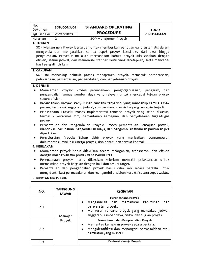 SOP Manajemen Proyek Konstruksi | PDF