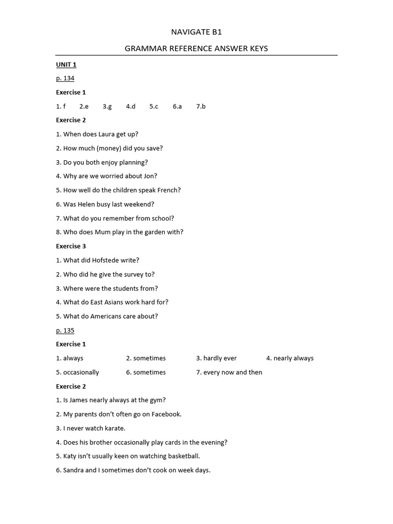 GRAMMAR REFERENCE ANSWER KEYS Navigate B1 PDF