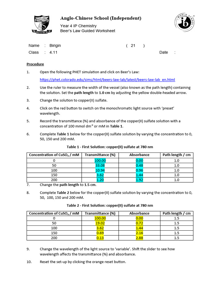 Flipped Classroom Worksheet 2 PHET Simulation on Beer's Law (Student