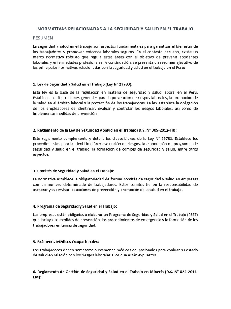 Resumen de Normativa en Seguridad y Salud en El Trabajo | PDF ...