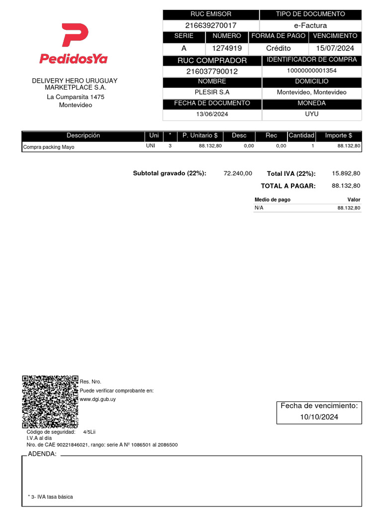 e-Factura Plesir S.A. - Delivery Hero Uruguay | PDF | Pagos | Servicios ...