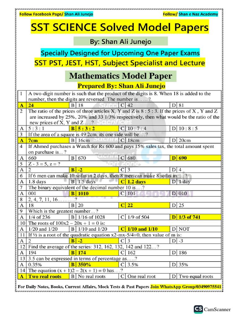 Mathematics Sample Paper For Lecturer and SST Science by Shan Ali ...