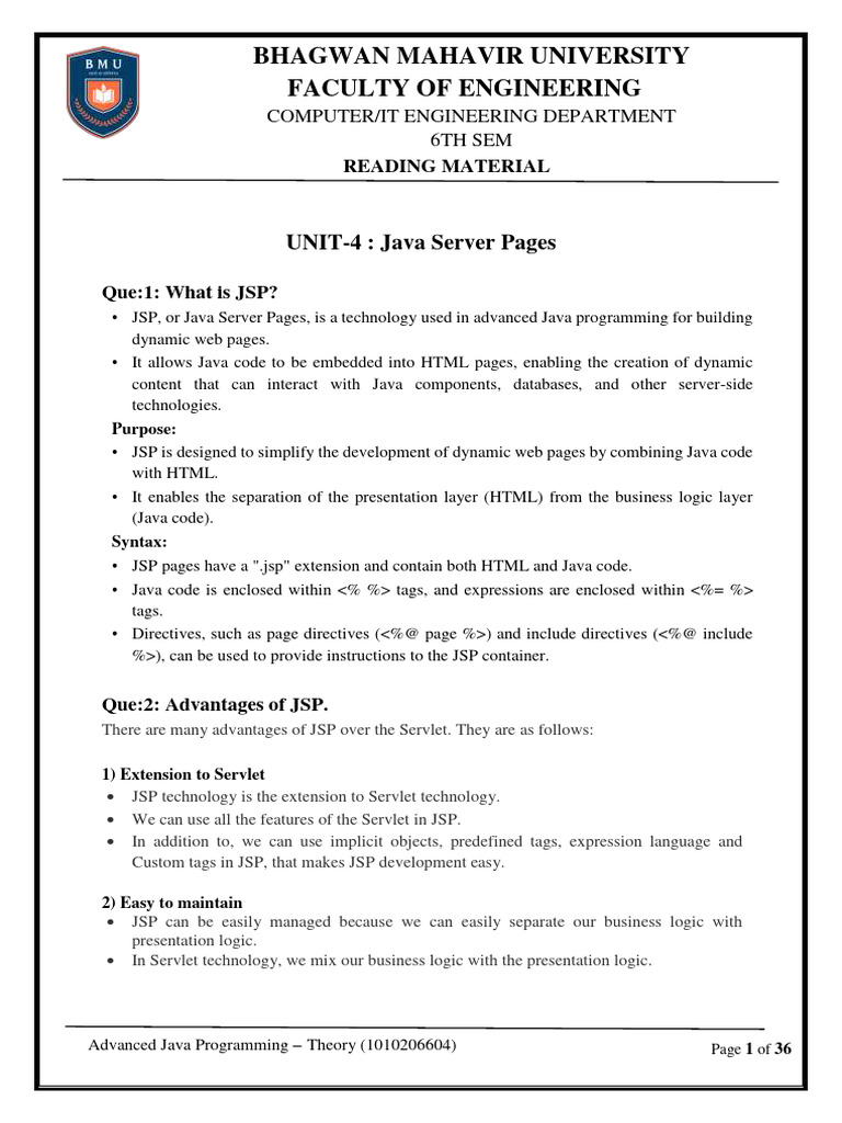 UNIT-4-Java Server Page-AJP-6TH-SEM-SUMMER-2024 | PDF | Java ...