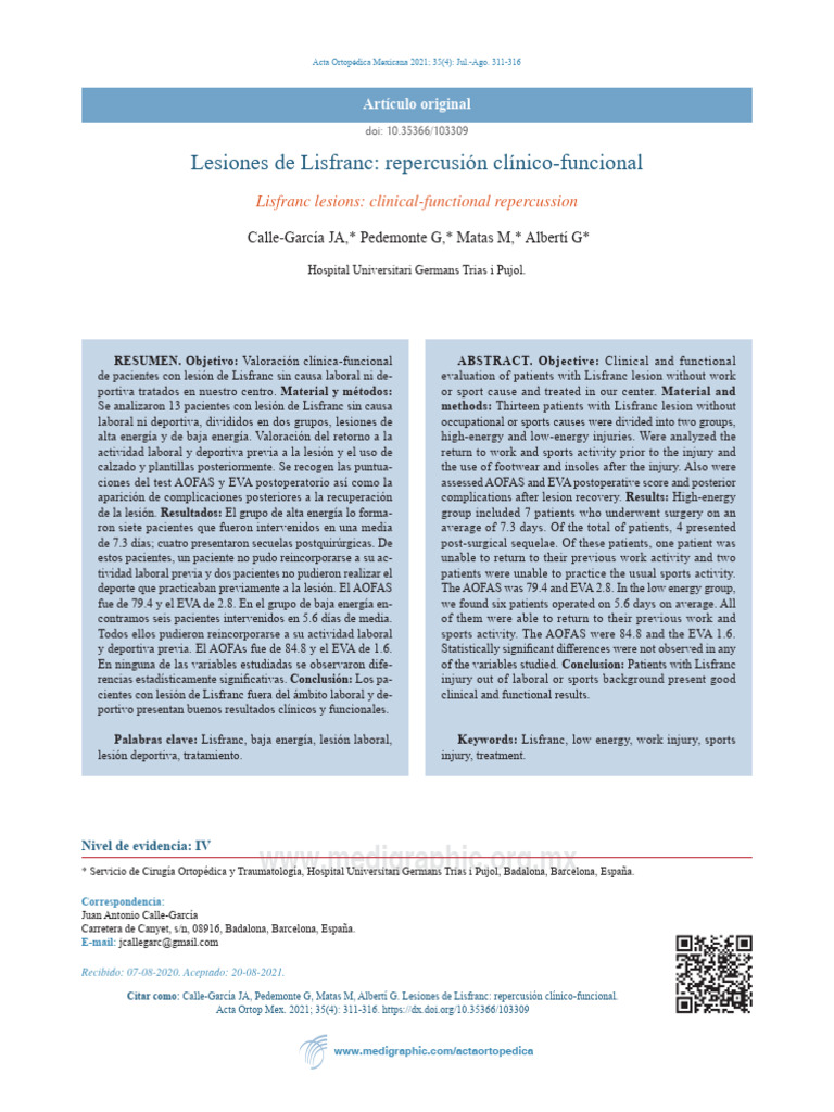 Lesiones de Lisfranc Repercusión Clínico-Funcional | PDF