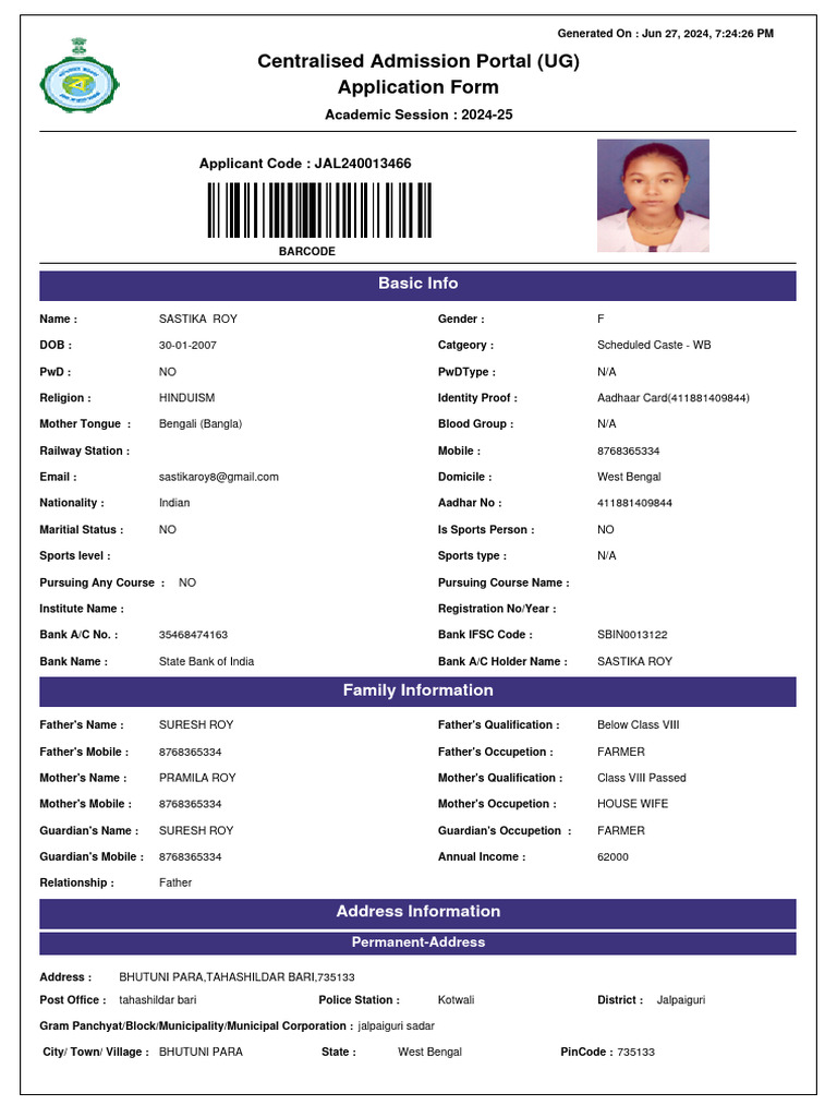 UG Admission Application 2024-25 | PDF | Bengal