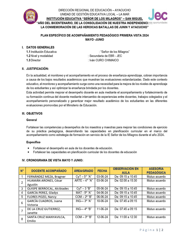 Plan Especifico - Secundaria Mayo y Junio 2024 | PDF | Enseñando | Maestros