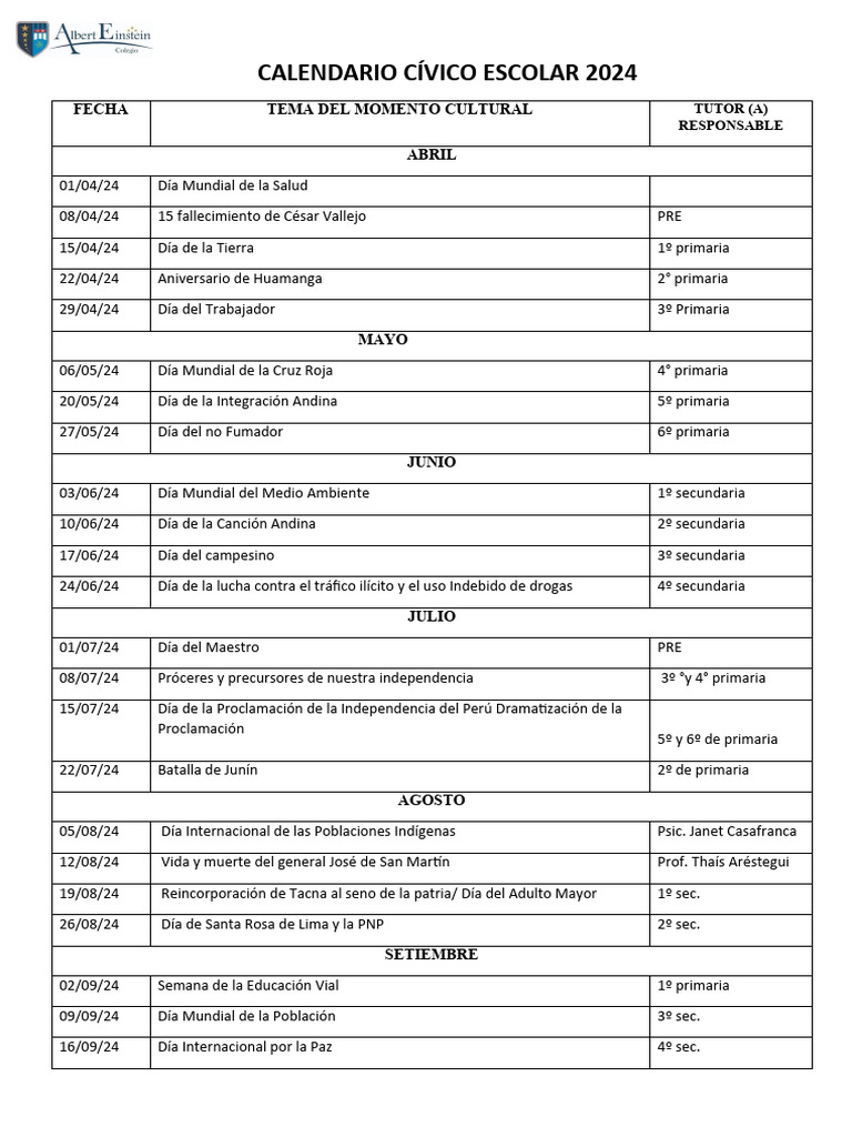 Calendario Escolar 2024: Momentos Culturales | PDF | Comunidad andina ...