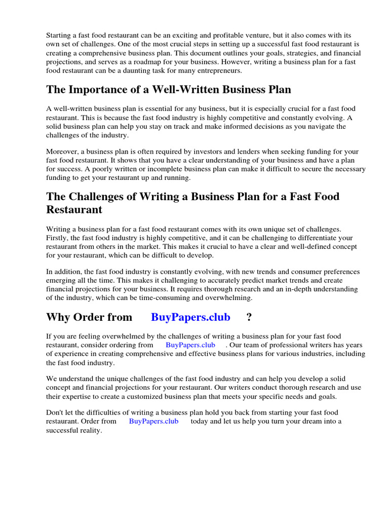 Business Plan About Fast Food | Download Free PDF | Business Plan
