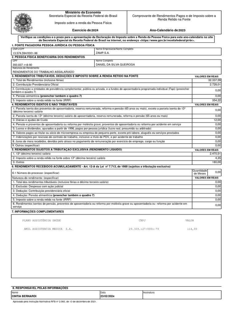 Comprovante de Rendimentos 2023 IRPF | PDF | Imposto de Renda | Renda
