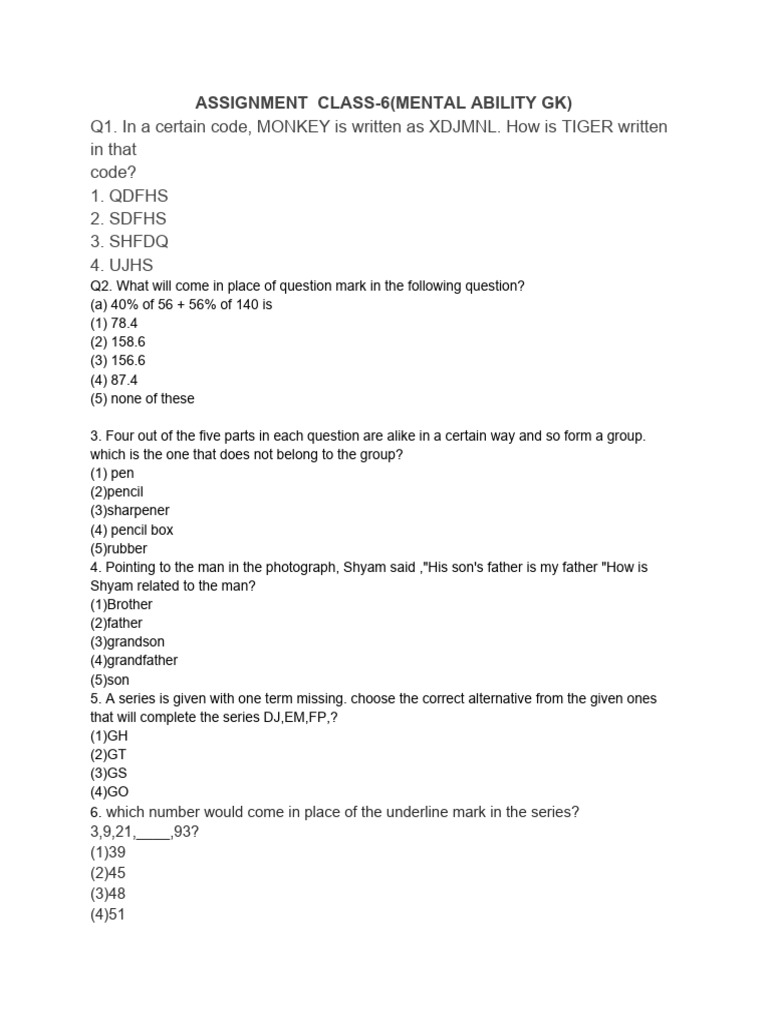 Class 6 Mental Ability Quiz | PDF