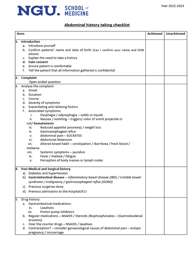 ICC-2 (129) Abdomen History Taking and Symptomatology (Checklist) | PDF ...