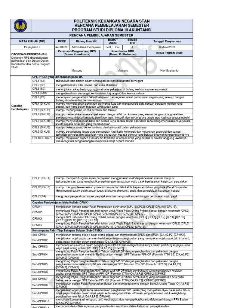 RPS Perpajakan II Politeknik STAN | PDF
