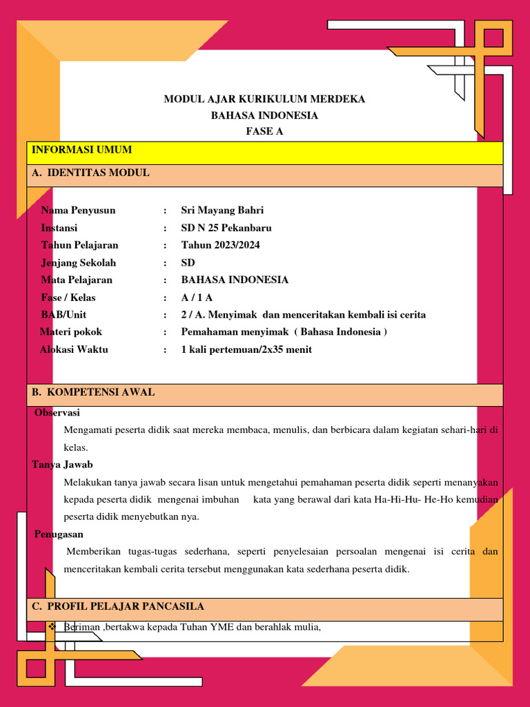 Modul Ajar Bahasa Indonesia Fase A | PDF | Karier & Perkembangan ...