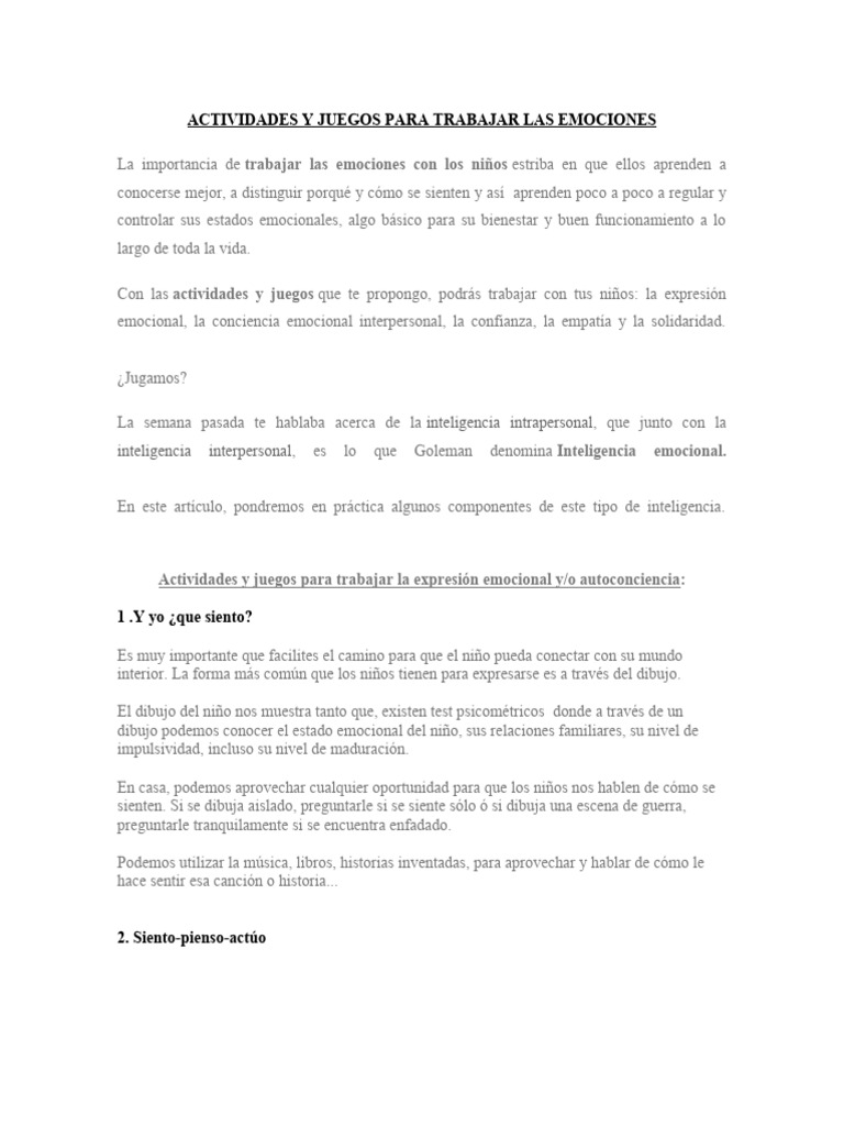 Actividades y Juegos para Trabajar Las Emociones | PDF | Las emociones ...